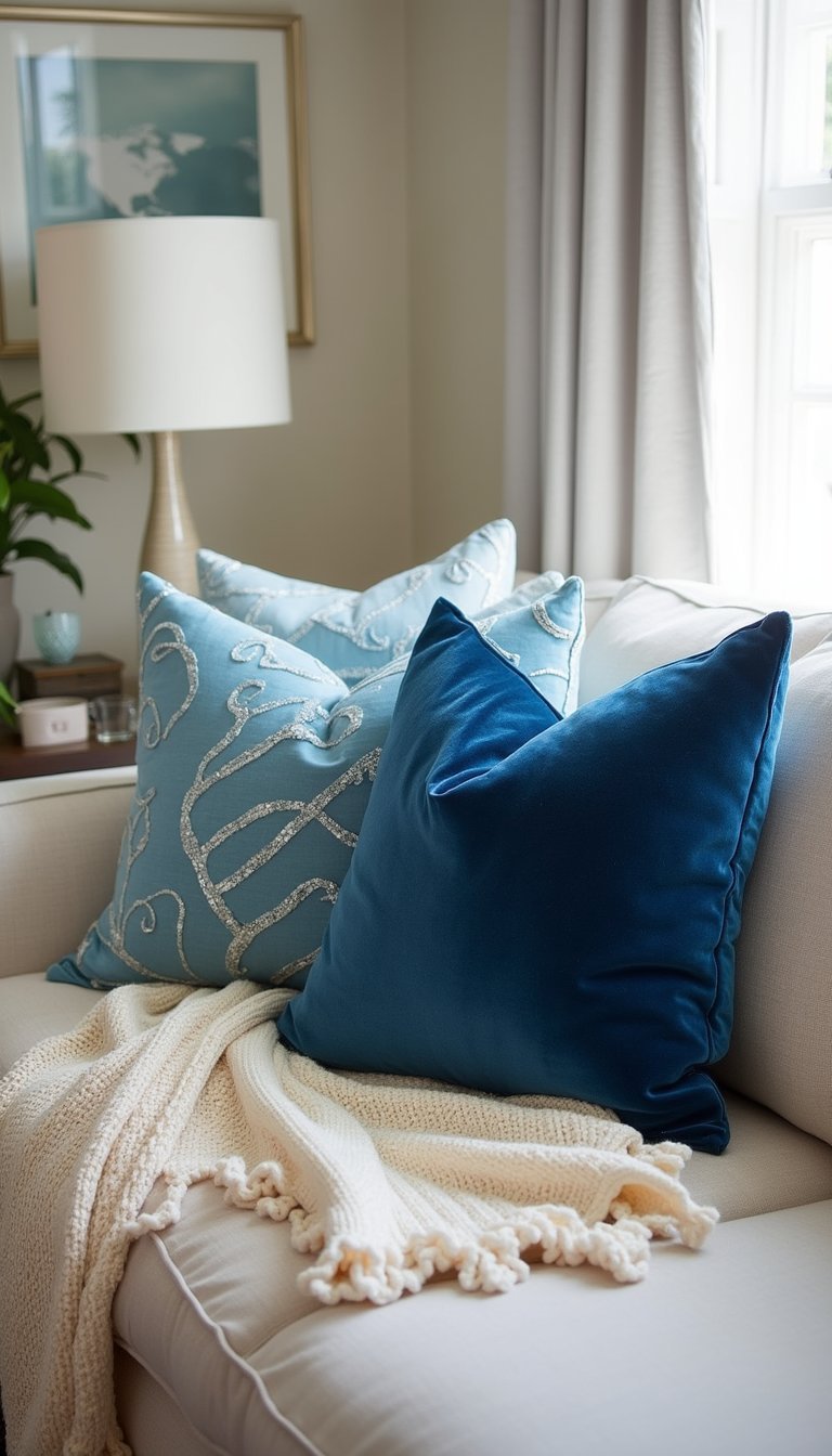 21 Elegant Hanukkah DIY Home Decor Ideas 3 Blue Velvet Pillow Collection With Silver Accents