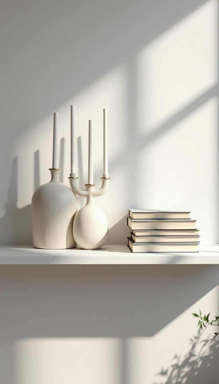 21 Elegant Hanukkah DIY Home Decor Ideas 2 Minimal White Clay Menorahs On Floating Shelf