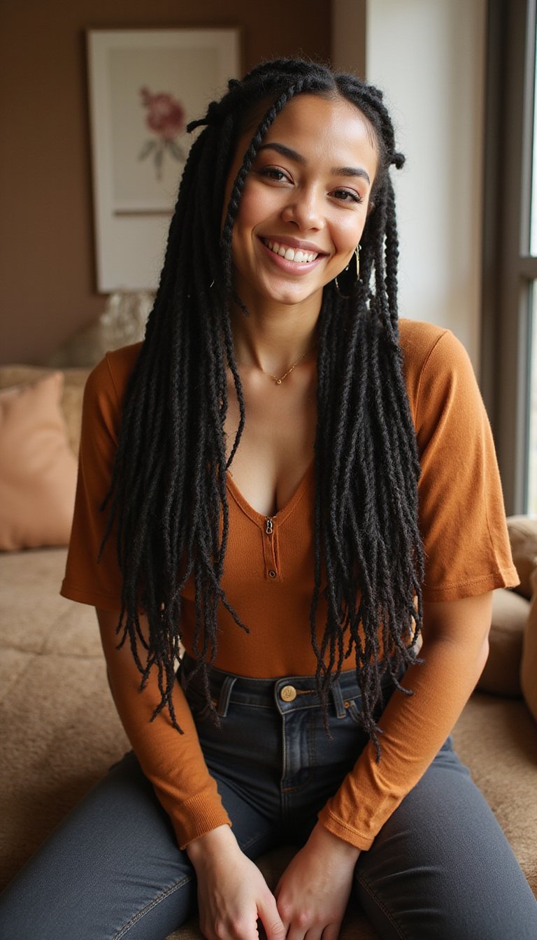 21 Elegant Protective Hairstyles 10 Faux Locs Styled Into Bohemian Half-Up