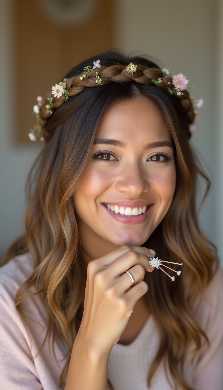 21 Festive Lunar New Year Hairstyles 4 Braided Crown Adorned With Delicate Floral Pins