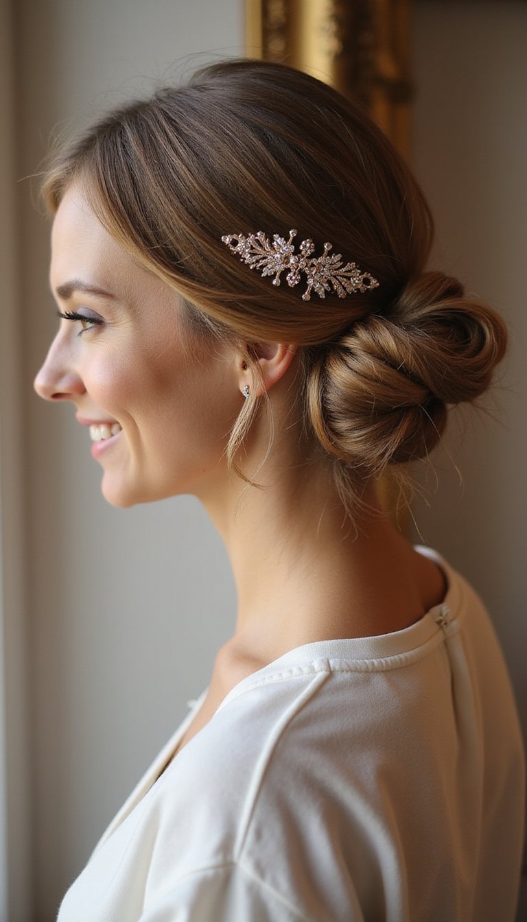 21 Festive Lunar New Year Hairstyles 1 Classic Low Bun With Elegant Hairpin Accent