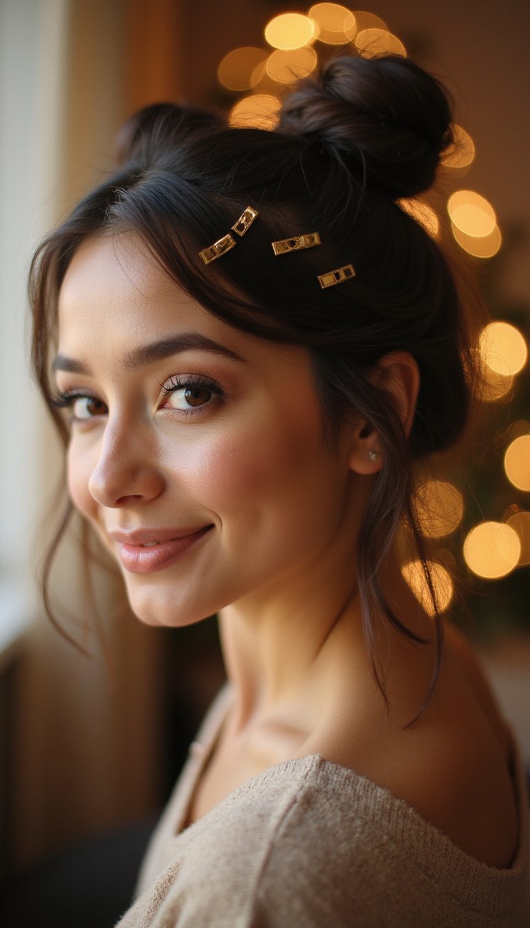 21 Festive Lunar New Year Hairstyles 3 Double Space Buns With Gold Accent Accessories