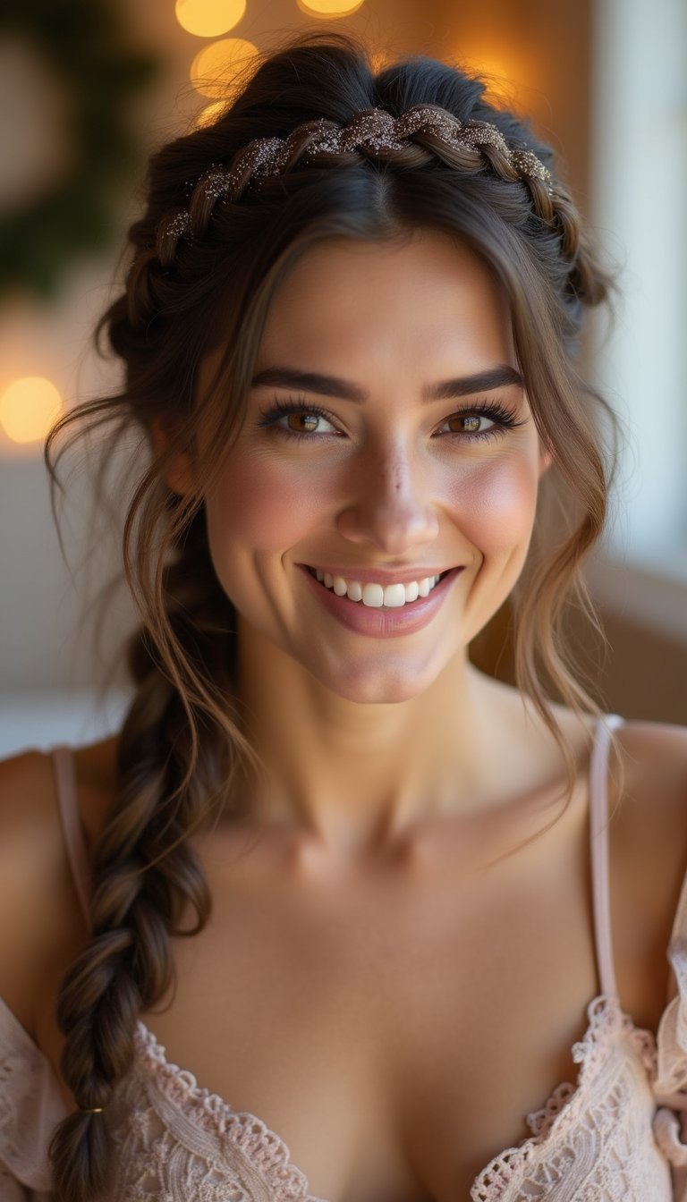 21 Festive Lunar New Year Hairstyles 19 Messy Braided Halo Sprinkled With Holiday Glitter