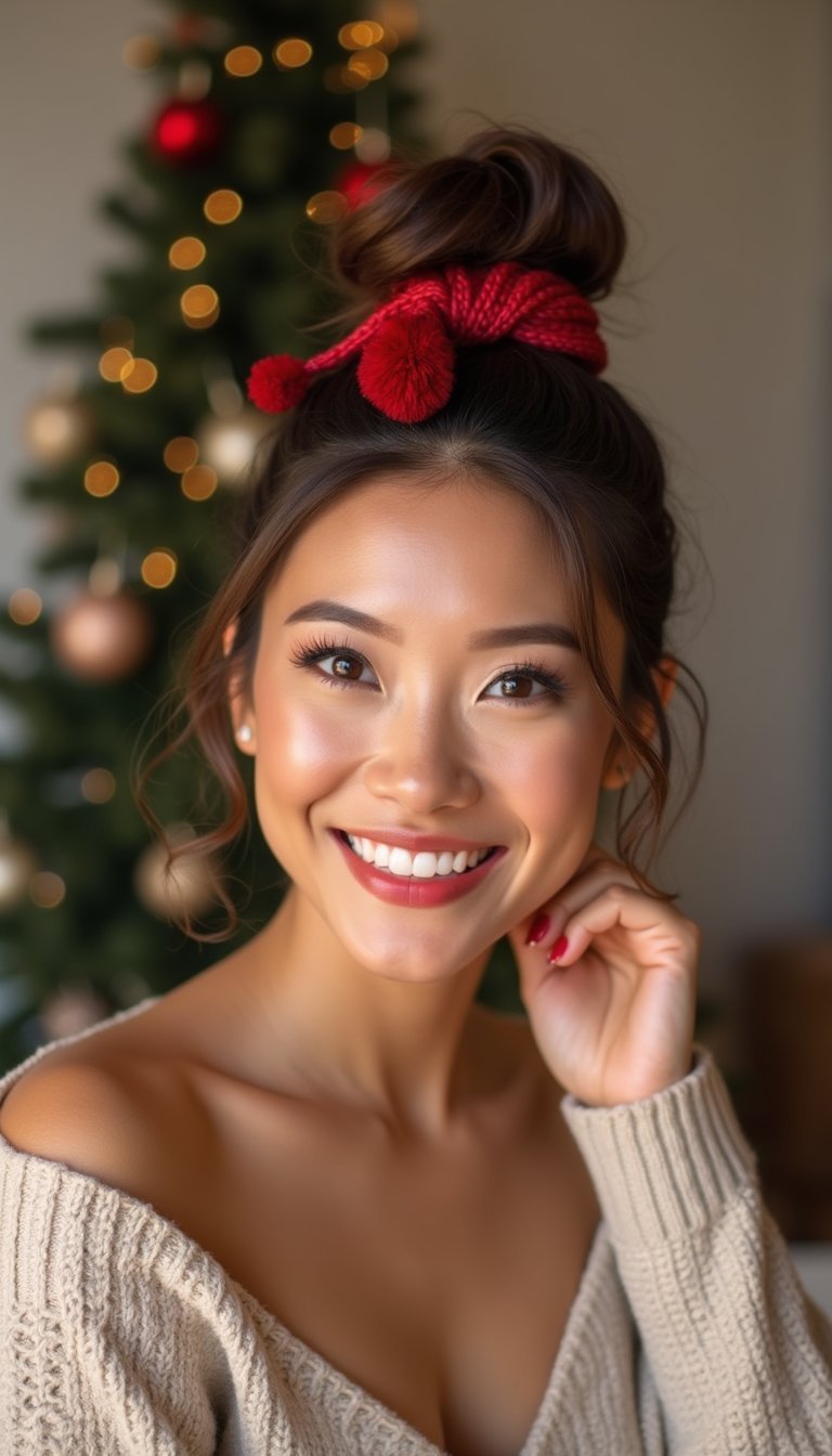 21 Festive Lunar New Year Hairstyles 8 Modern Top Knot With Red Tassel Accent