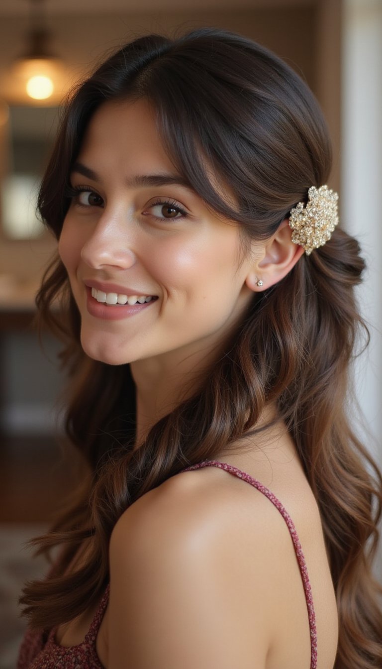 21 Festive Lunar New Year Hairstyles 6 Textured Side-Swept Waves With Kanzashi Detail