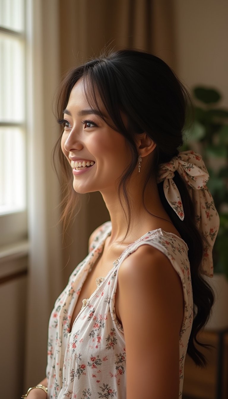 21 Festive Lunar New Year Hairstyles 11 Twisted Low Ponytail Wrapped In Silk Scarf
