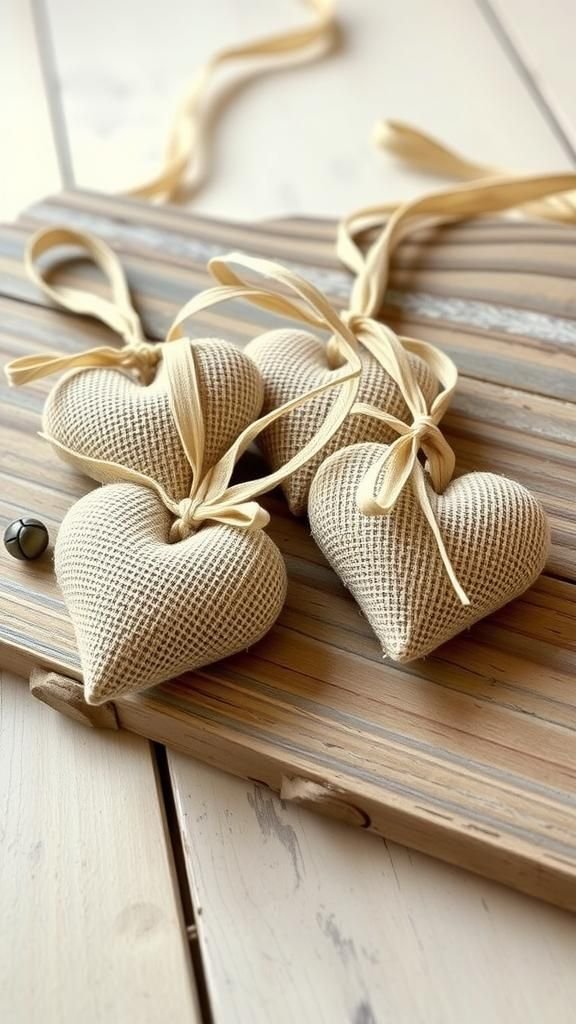 21 Handmade Christmas Tree Ornament Ideas 9 Burlap Ribbon Heart Rustic Keepsake Ornament Trio