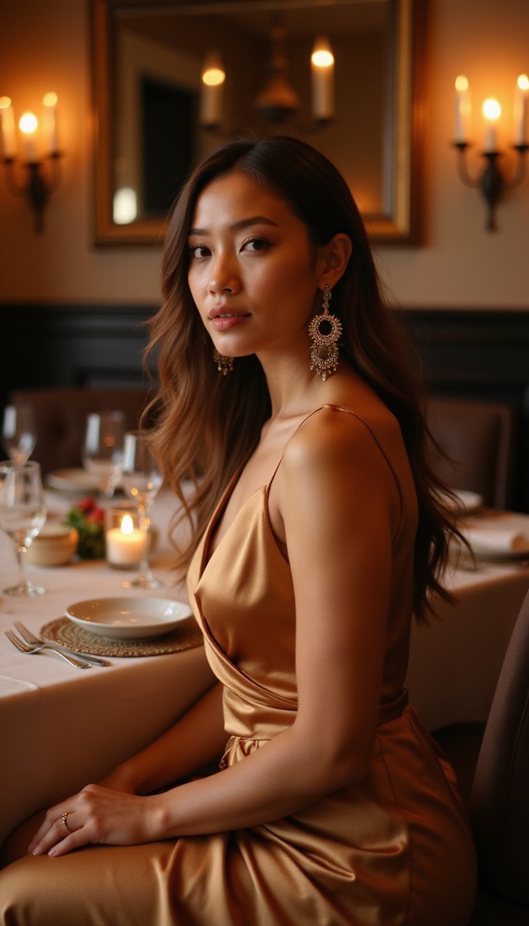 Satin Wrap Dress With Bold Earrings