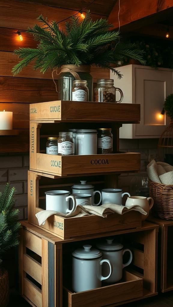 21 Hot Cocoa Bar DIY Crafts 6 Rustic Crate Tiered Cocoa Station Display