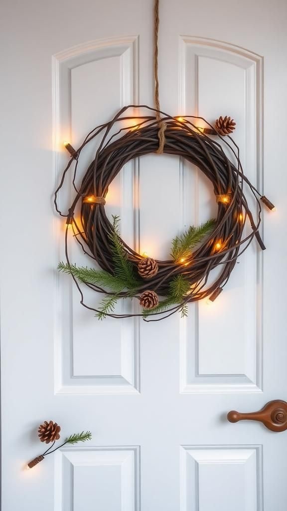 Rustic Willow Winter Wreath With Soft Lights