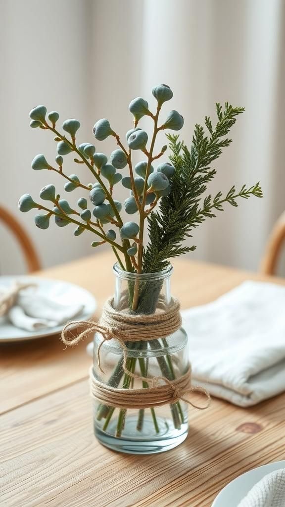 Twine Wrapped Glass Vase With Fresh Greenery Display