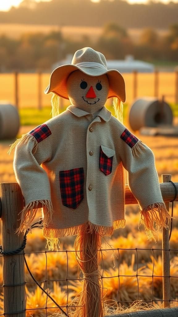 Burlap Scarecrow With Patchwork Shirt And Hat