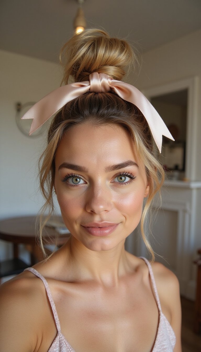 21 Polished Friendsgiving Dinner Hairstyles 10 Glossy Top Knot With Satin Ribbon Accent