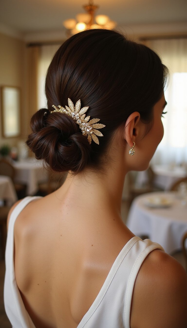 21 Polished Friendsgiving Dinner Hairstyles 13 Polished French Twist With Decorative Gold Barrette