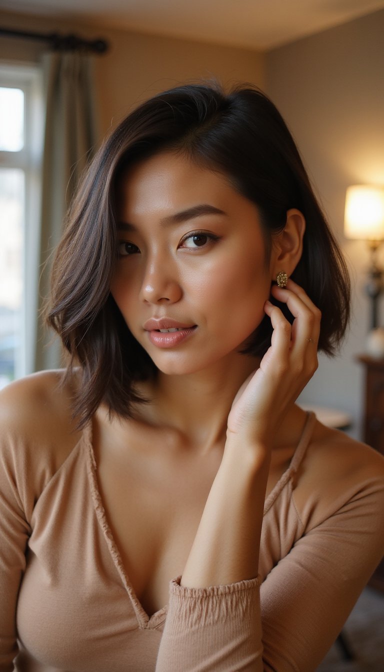 21 Polished Friendsgiving Dinner Hairstyles 6 Sleek Chin Length Bob Tucked Behind One Ear