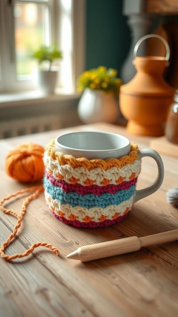 21 Quick Crochet Scrap Yarn Crafts 3 Striped Scrappy Mug Cozy For Coffee Lovers
