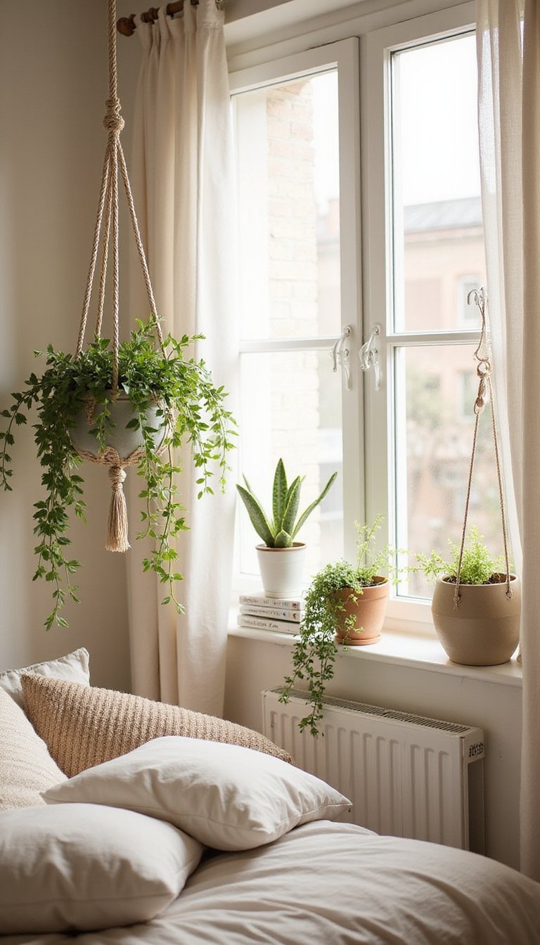 Small Potted Plants In Hanging Macramé Holders