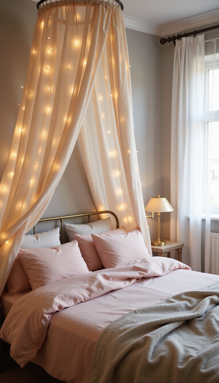 Twinkling Fairy Light Canopy Over The Bed
