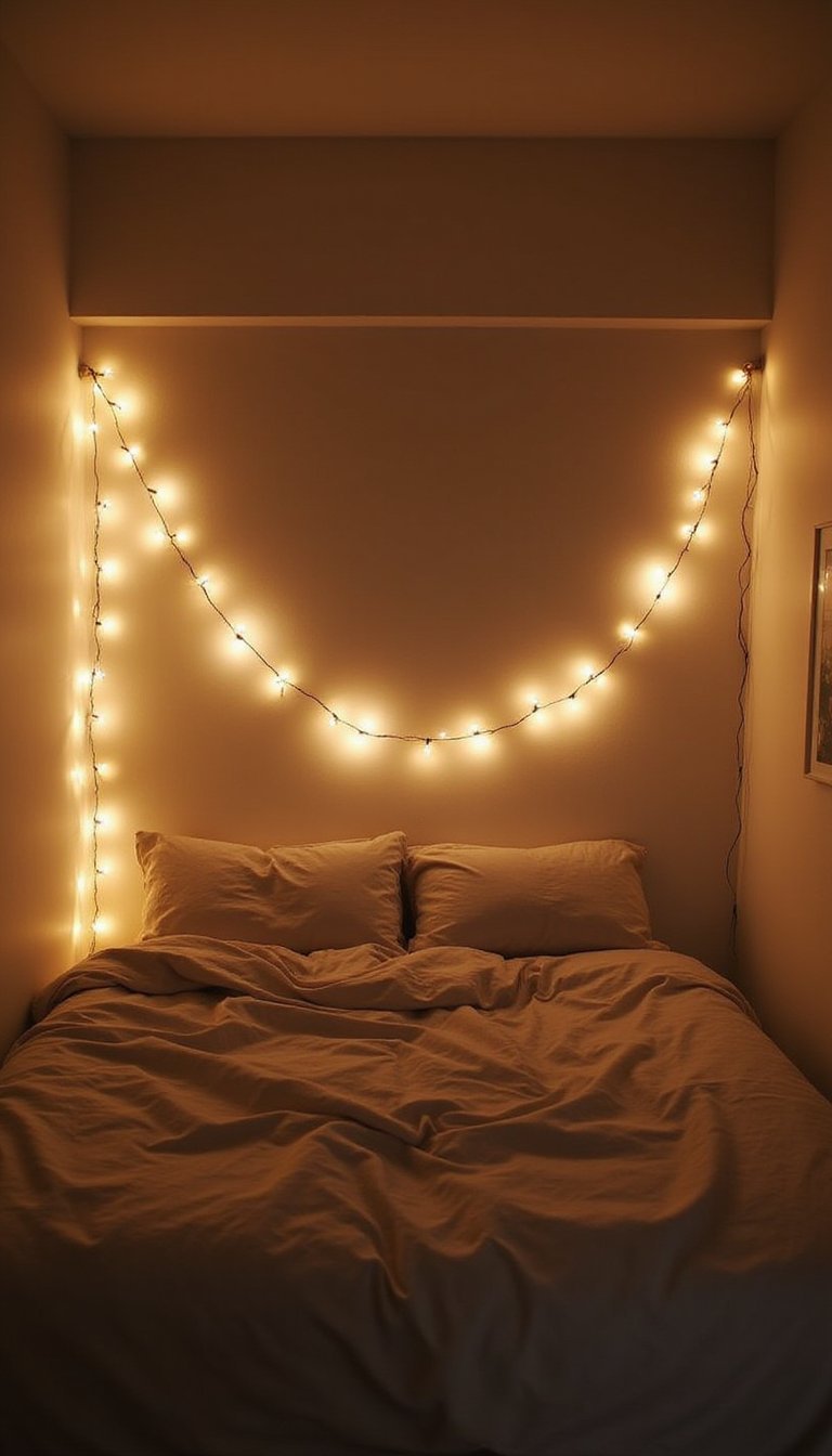 Warm Dimmable String Lighting Behind Bed Frame