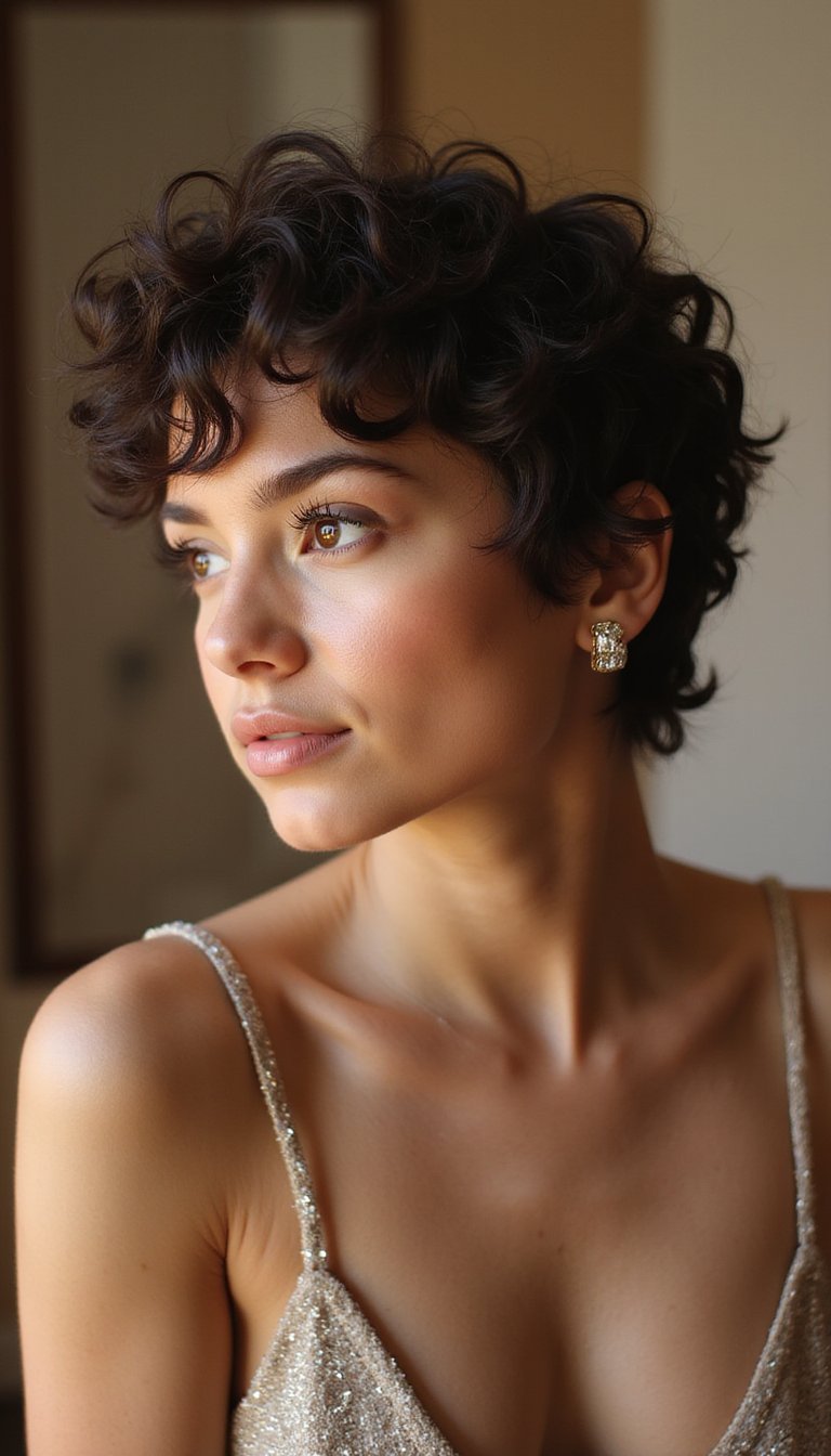 Curly Pixie With Soft Feathered Bangs