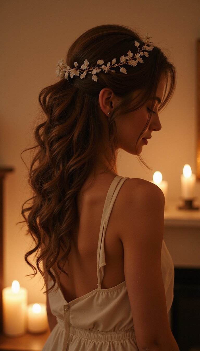 Pinned Back Romantic Curls With Hair Vine