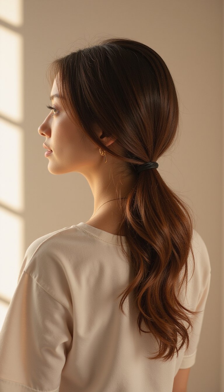 Sleek Low Pony With Center Part And Shine