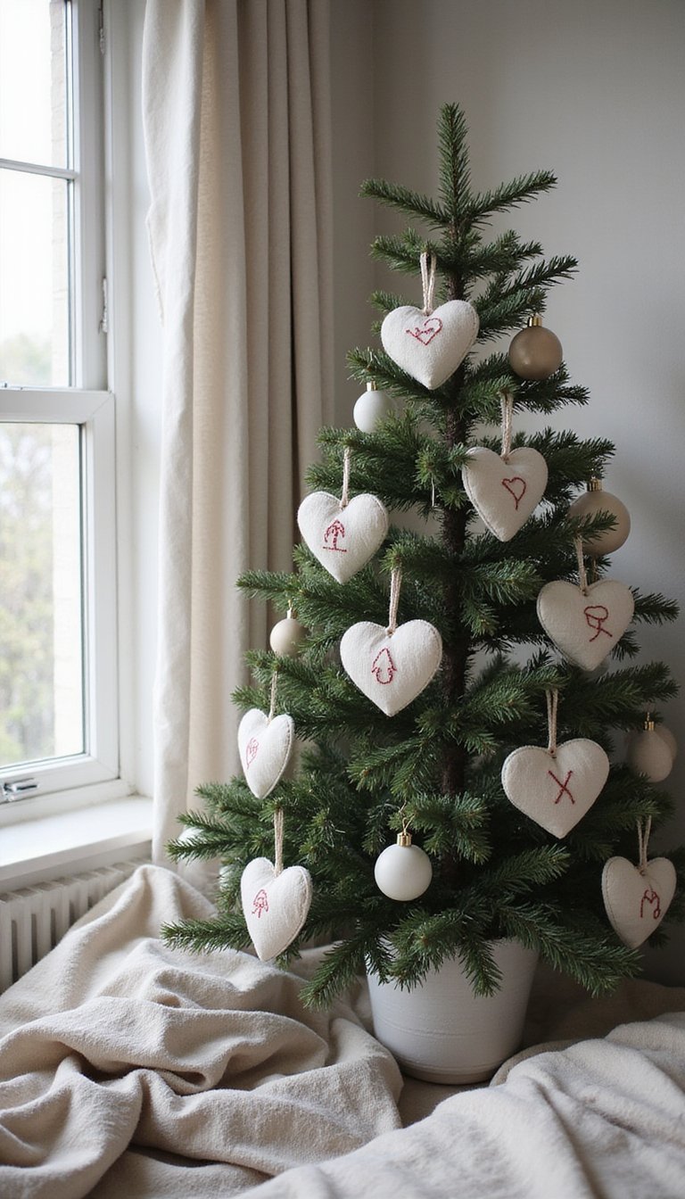 Embroidered Linen Hearts With Simple Motifs