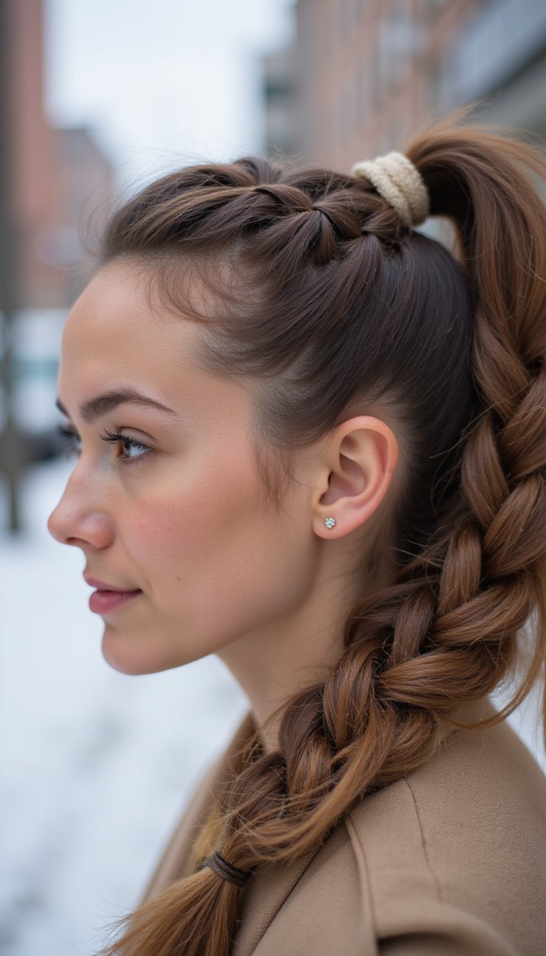 21 Simple Snow Day Hairstyles 17 Braided Pony With Hidden Elastic And Grip