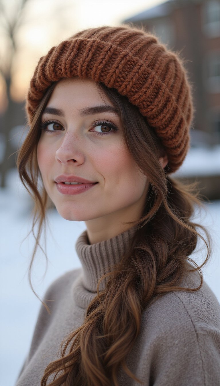 21 Simple Snow Day Hairstyles 1 Cozy Beanie Peek With Face-Framing Tendrils