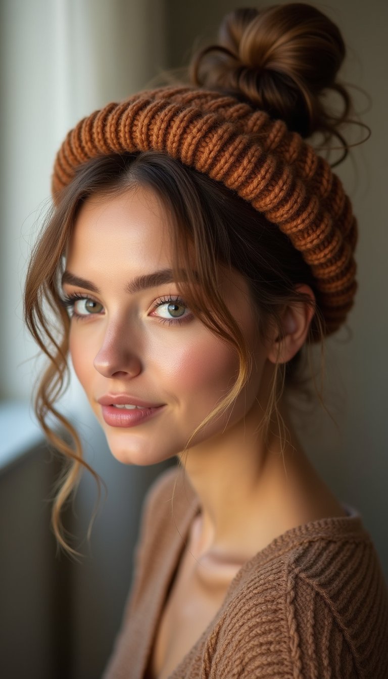 21 Simple Snow Day Hairstyles 4 Half-Up Top Knot Under A Cozy Hat