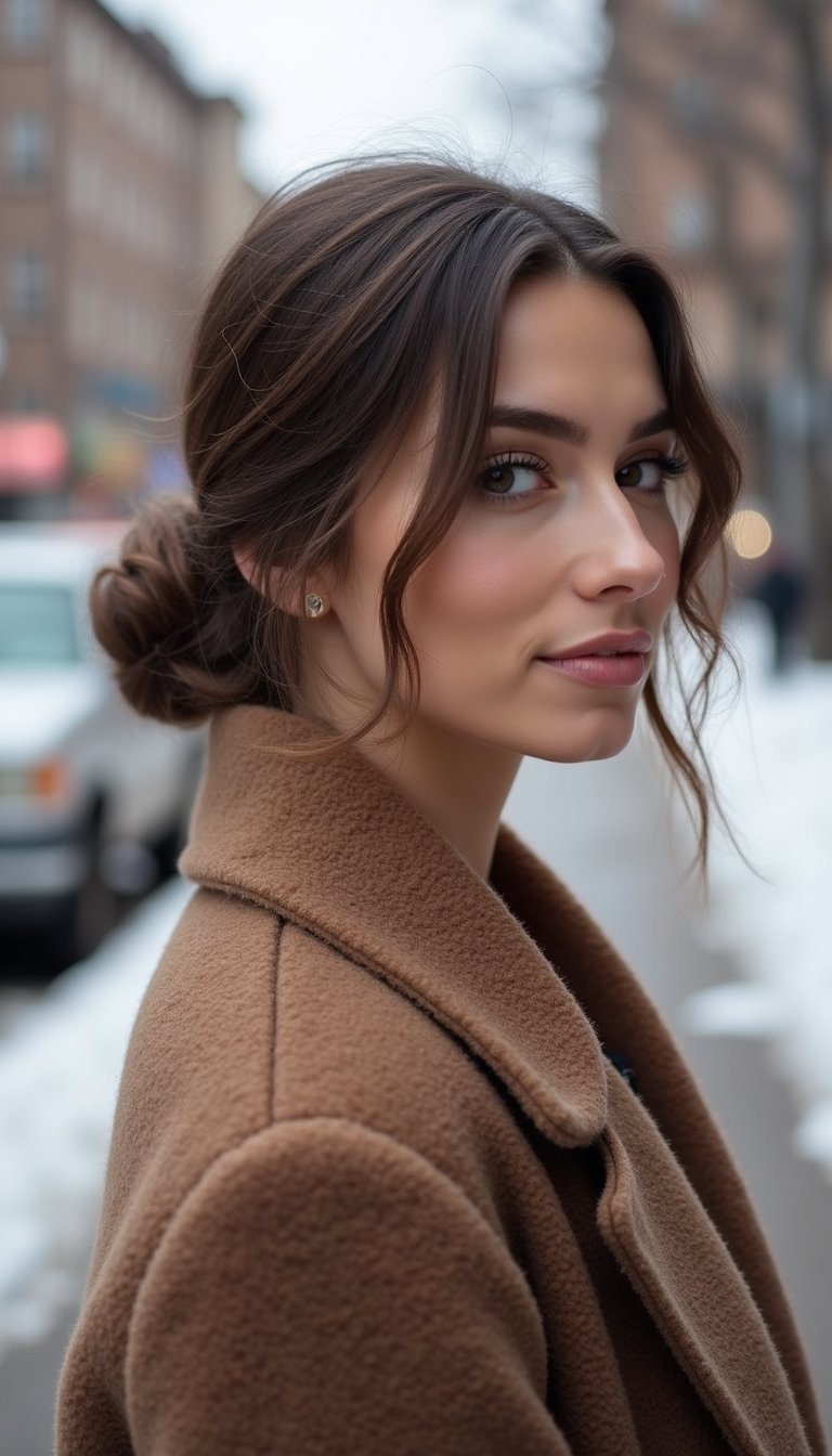 21 Simple Snow Day Hairstyles 12 Loose Low Chignon That Hides Under Collar