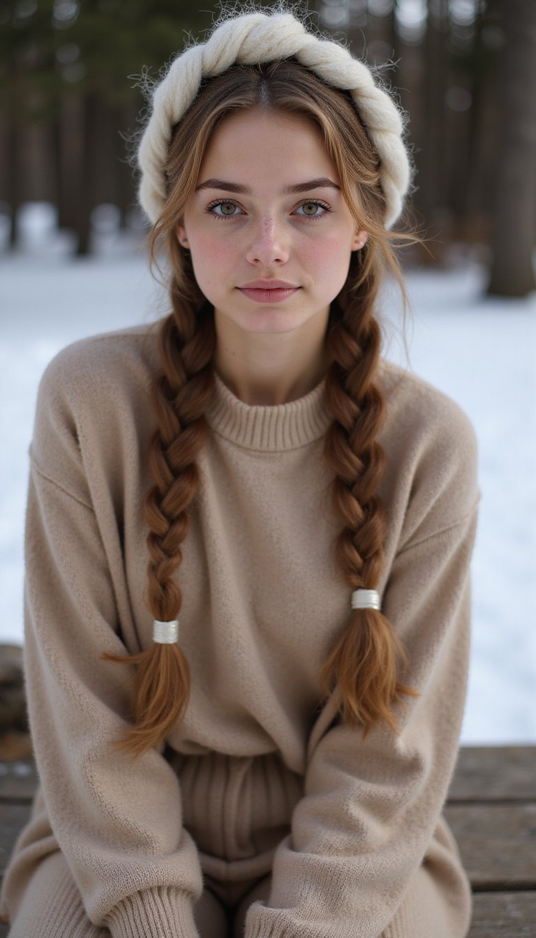 21 Simple Snow Day Hairstyles 7 Milkmaid Braids Paired With Wool Headband