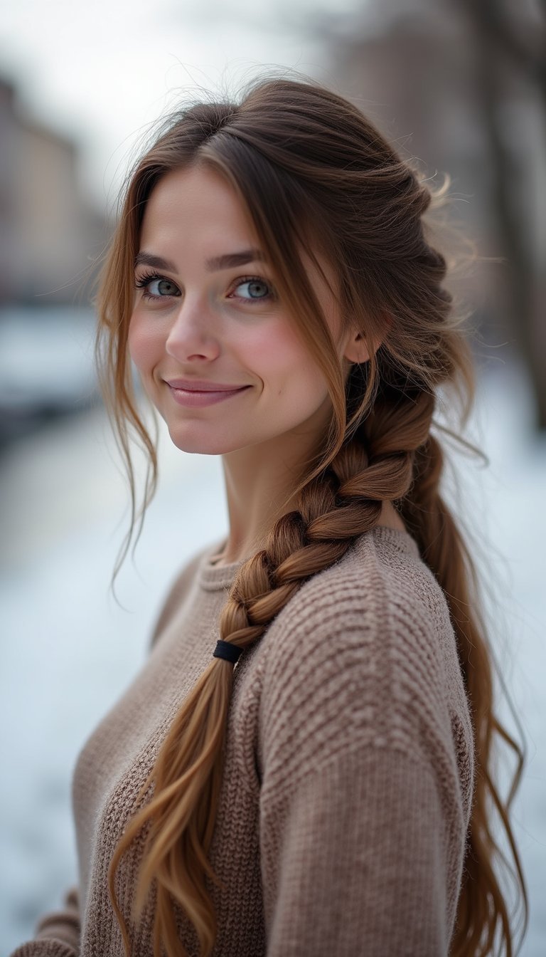 21 Simple Snow Day Hairstyles 5 Side Fishtail Braid That Slides Under Coat