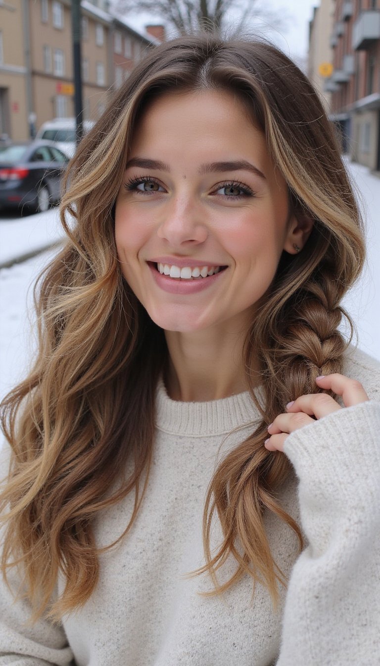 21 Simple Snow Day Hairstyles 13 Side-Swept Rope Braid With Cozy Texture