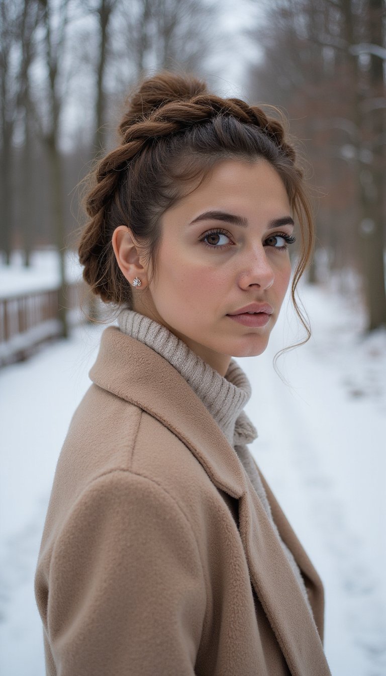 21 Simple Snow Day Hairstyles 10 Twisted Halo For Snowy Afternoon Strolls