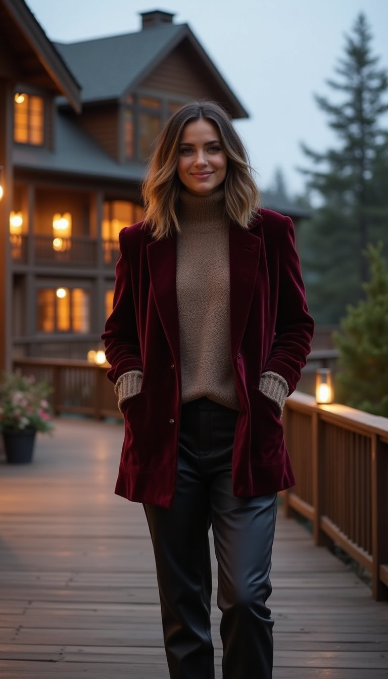 Evening Après Outfit With Velvet Blazer And Boots