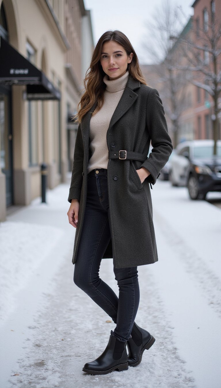 Belted Wool Coat Over Cozy Turtleneck And Jeans
