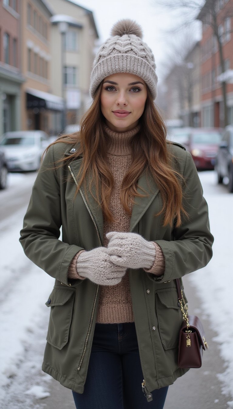 Chunky Cable Hat With Matching Mittens And Parka