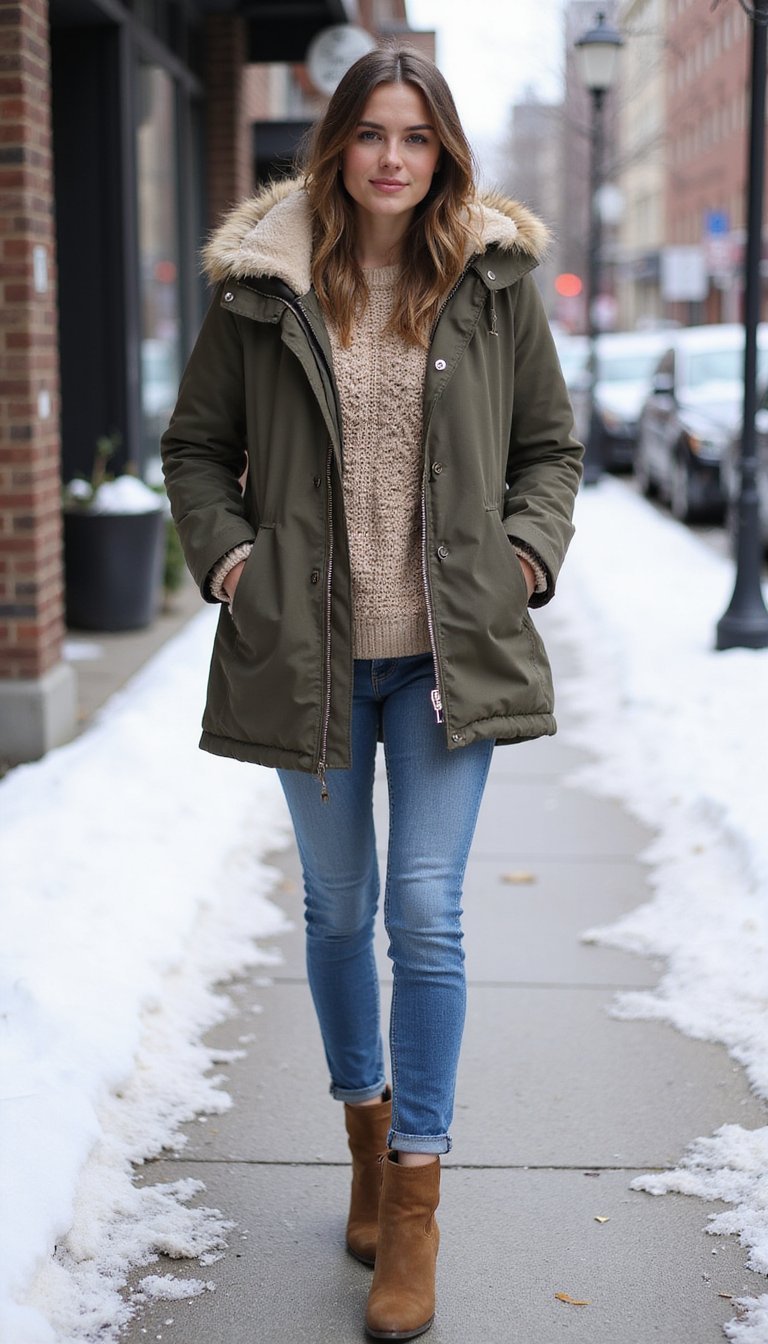 Chunky Knit Sweater With Insulated Parka Layers