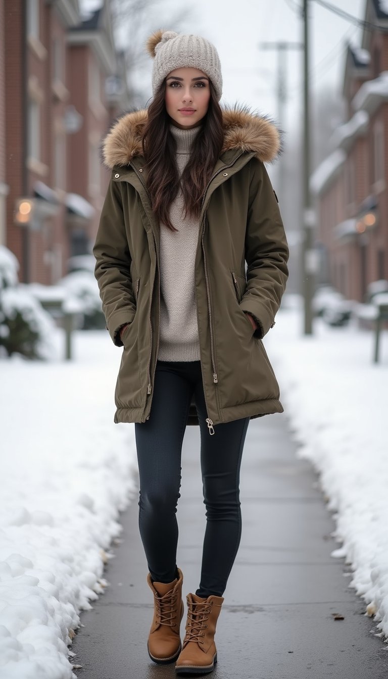 Faux Fur Trim Hood With Sleek Snow Boots Ensemble