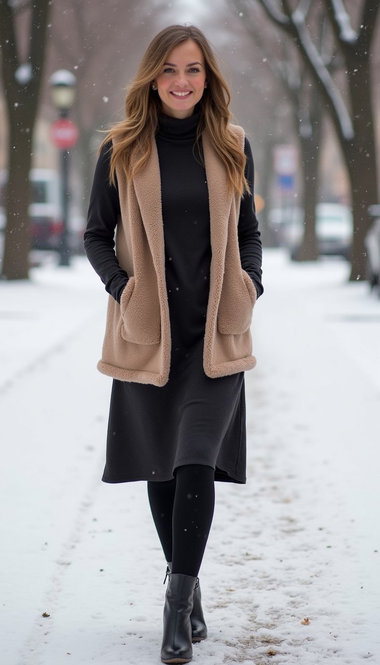 Layered Fleece Vest Over Long Sleeve Midi Dress