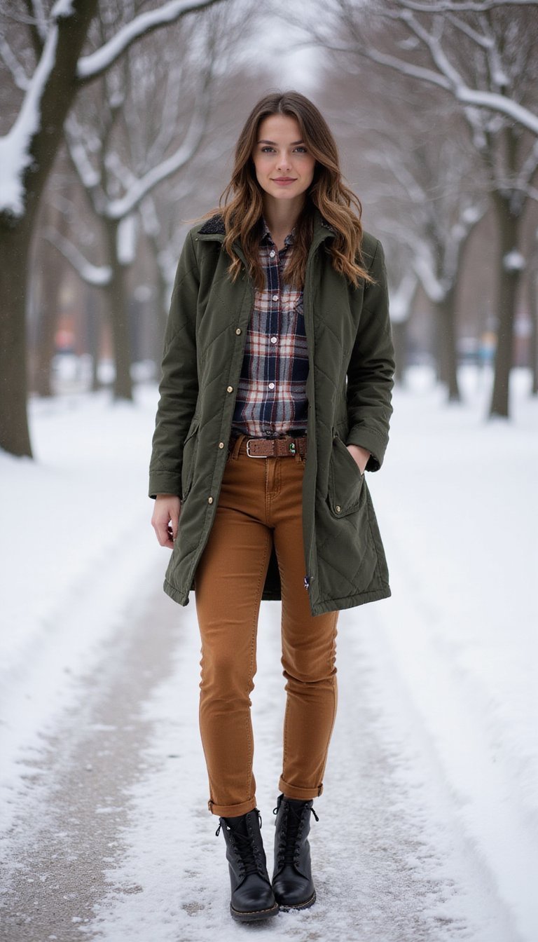 Quilted Anorak Over Plaid Shacket And Beanie