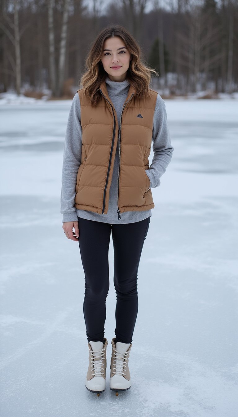 Sporty Puff Vest With Thermal Base Layers And Slope Boots