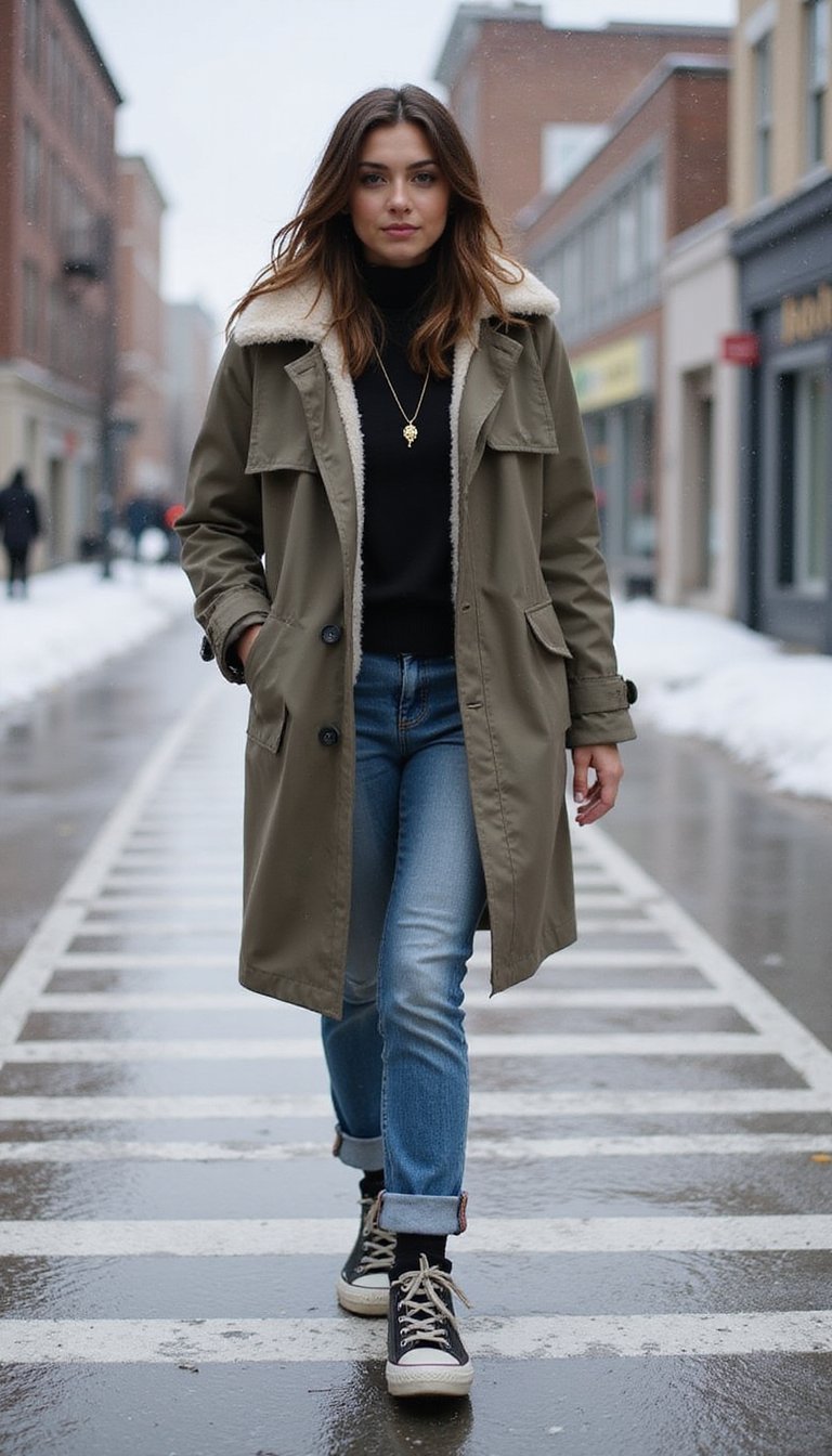 Waterproof Trench With Fleece Lined Hood And Sneakers