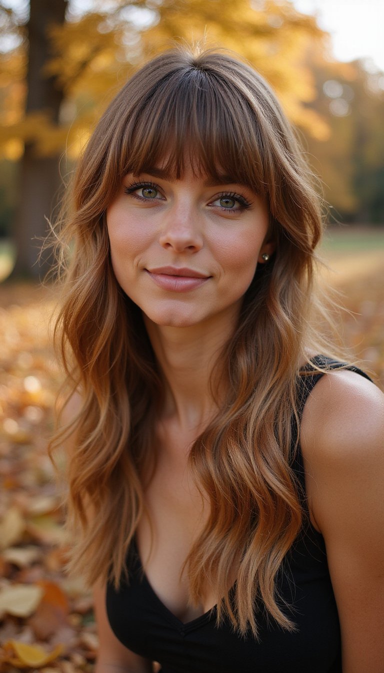 21 Soft Autumn Harvest Hairstyles 7 Feathered Shag With Curtain Bangs And Warm Tones