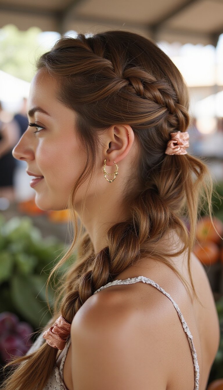 21 Soft Autumn Harvest Hairstyles 18 Half-Up Loop Braid With Copper Ribbon Detail