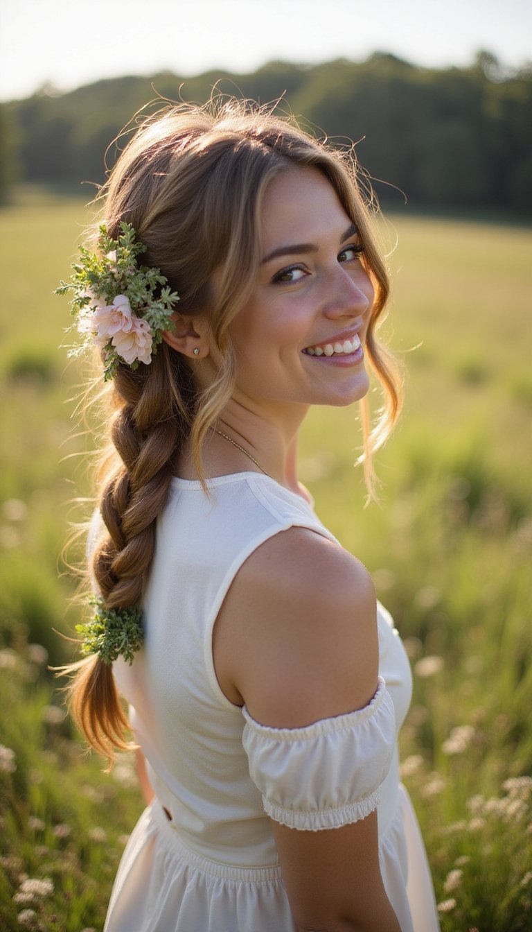 21 Soft Autumn Harvest Hairstyles 10 Loose Fishtail Braid With Wildflower Accessories