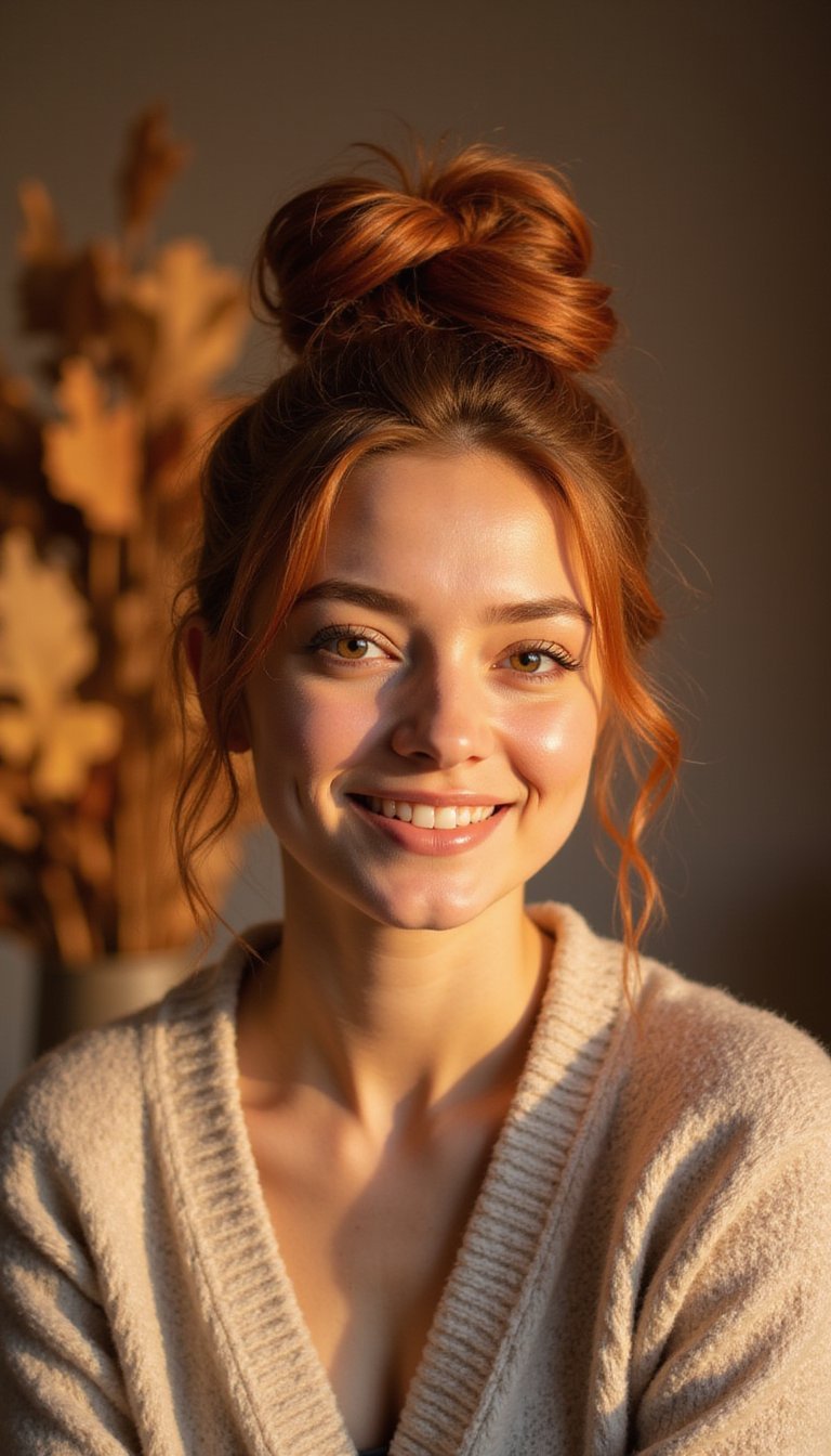 21 Spooky Cute Halloween Hairstyles 19 Pumpkin Spice Fluffy Topknot With Volume