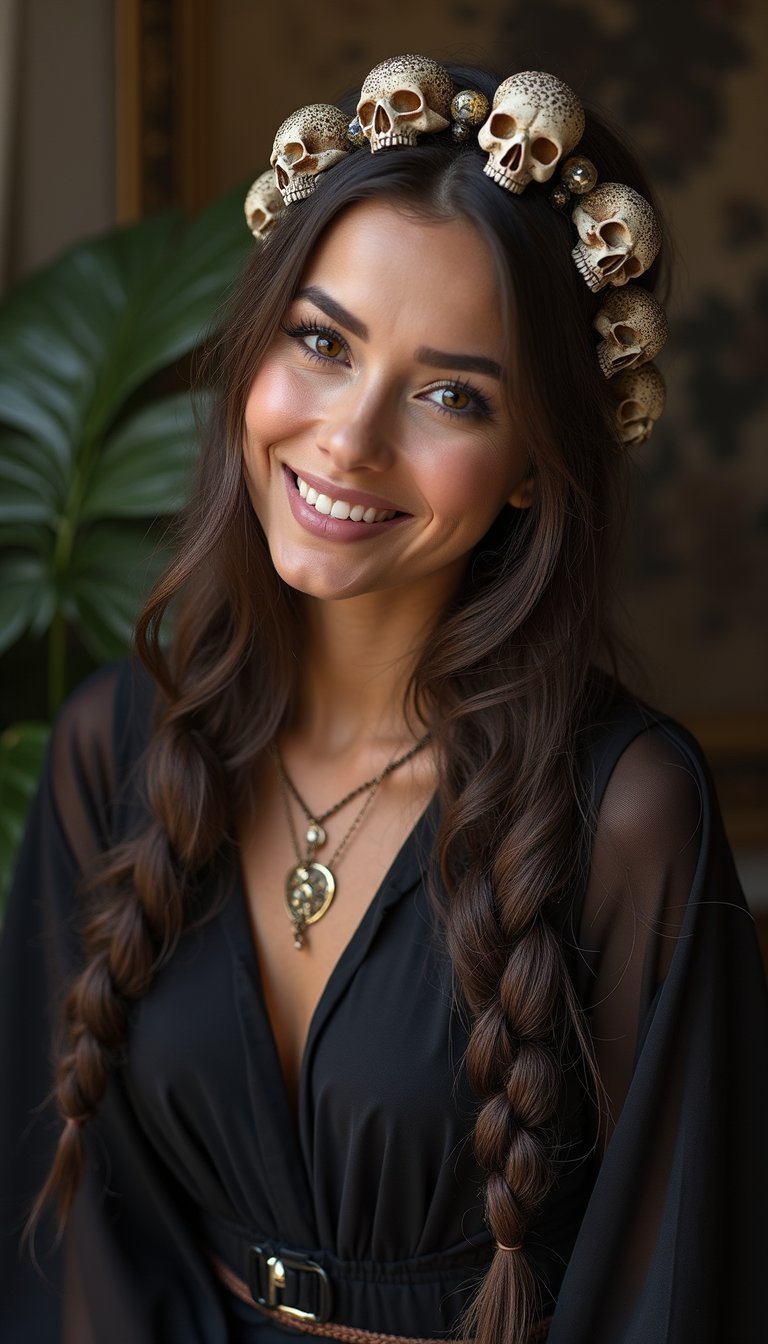 21 Spooky Cute Halloween Hairstyles 7 Skull Crown Braid With Smoky Roots