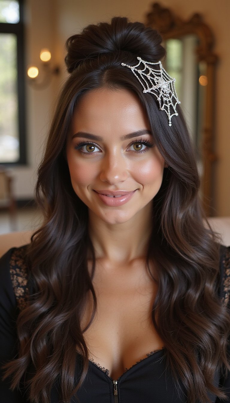 21 Spooky Cute Halloween Hairstyles 6 Spiderweb Half Up Twist With Rhinestones